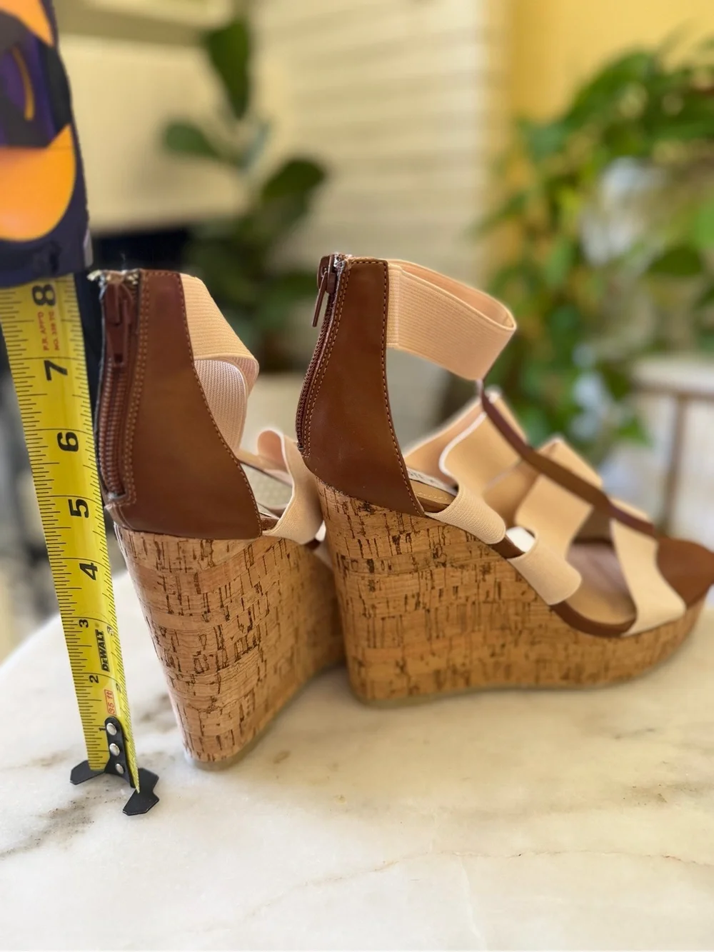 NWOT Steve Madden Beige and Brown Cork Wedge Sandals with Elastic Straps